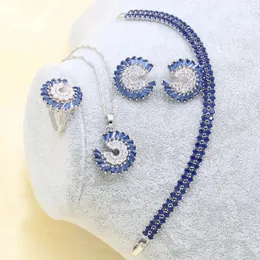 Pulseras Xutaayi Azul Semiprecioso Sier Color Juegos de joyas para mujer Pendientes de tuerca Collar Colgante Anillo Pulsera