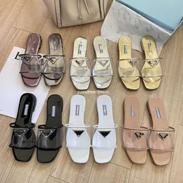 Kvinnors designers toffel sandaler platt glider flip flops sommar transparent klar gelé triangel utomhus loafers badskor strandkläder tofflor svart vitt guld