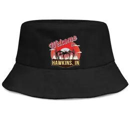 Stranger Things Bem-vindo ao logotipo Hawkins preto feminino balde de pesca chapéu de sol design equipe esportiva balde clássico exclusivo suncap1343252