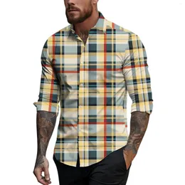 Camiseta masculina primavera verão casual xadrez estampa lapela manga comprida camisa top roupas e ofertas