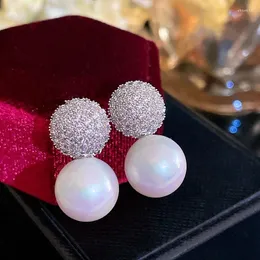 Pendientes de tuerca elegantes y románticos con perlas de imitación para mujer, moda coreana, joyería de cristal de circonia, regalo para fiesta y chica