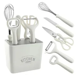 5 6st White Set With Storage Holder Peeler sax Egg Beater Rostfritt stål Frukt Knivflasköppnare Hem Köksutrustning 231226