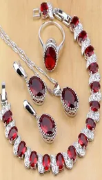 Natural 925 Sterling Silver Jewelry Red Birthstone Charm Jewelry Sets Women Earringspendantnecklaceringbracelets T055 J1907075433357