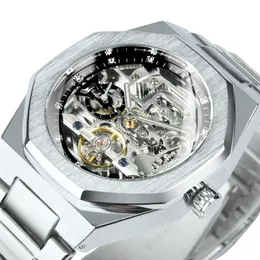 Forsining Silber Automatikuhr Herren 3D Diamant Zifferblatt Unregelmäßige Skelett Mechanische Armbanduhren Leuchtzeiger Uhr 231226