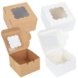 5/10 Piece Kraft Paper Cake Box med transparent PVC -fönsterdessert Pizza Bread Square Box Wedding Party Favorit Cupcake Gift Packaging Box 231227