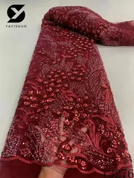 Высокое качество 5 ярдов африканские бусы ручной работы кружевные ткани роскошные нигерийские блестки сетчатая кружевная ткань для праздничного платья Y3276 231226