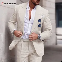 Formal Men Suit Sets Wedding Groomsman Tailormade Slim Fit Linen Blazer Pants 2 Pieces Evening Dinner Classic Male Outfits 231227