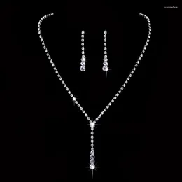 Łańcuchy błyszczący srebrny kolor prosty kryształowe zestawy biżuterii ślubnej długie kolczyki naszyjniki