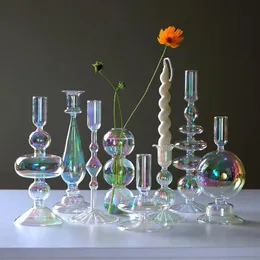 Uchwyty świece luksusowe opalizujące świece wystrój do stołu Nordic Rainbow Wazon Flower Home Decoration Glass Candlestick Weddi