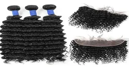 10A Brasiliana Deep Wave 3bundles con bundle per capelli umani peruviani da 13*4 pizzo Malaysia con chiusura all'ingrosso per donne tutte le età Jet Black1201888