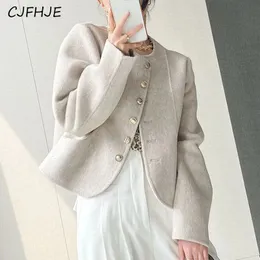 Cjfhje rosa faux ullrock kvinnor koreansk mode designad knapp lös beskuren toppar kvinnlig casual streetwear blandad jacka 231227
