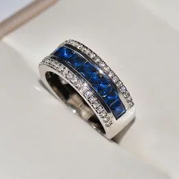 CZ Zircon Designer Chinese Rings for Women Korean Fashion Sier Shining Crystal Blue Square Diamond Stone Anillos Love Finger Ring Jewelry