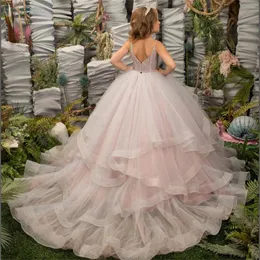 Kız Elbiseler Düğün Tül Aptique Fluffy Sleeless Glitter İlk Cemaat Akşam Partisi Pageant Ball Gowns