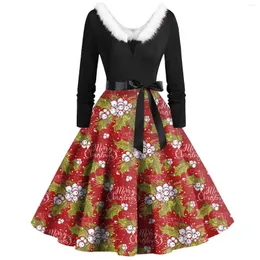 Vestidos casuais natal rockabilly vestido mulheres slim gola de pele papai noel impressão manga longa noite balanço elegante festa vestidos