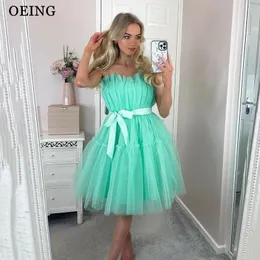 Oeing Mint Green Prom Dresses 우아한 주름 나이트 밤 이벤트 라인 파티 드레스 미니 툴레 계층 홈 커밍 가운 Bow Belt 231227