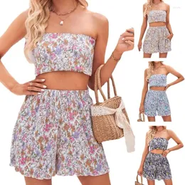 Vestidos de trabajo Mujeres Boho Floral Tube Tops sin tirantes y pantalones cortos Top Set Verano Trajes de dos piezas Cultivo N7YE