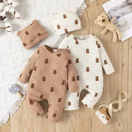 Presenthattset baby unisex pojke flicka född onesies romper 0 18 månader småbarn kläder spädbarn långärmad tecknad björn jumpsuit 231226