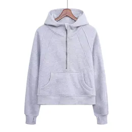 Hoodies feminino lululemen scuba sweatshirt yoga scuba meio zíper pulôver de cor sólida de mangas compridas Hat de pescoço grátis Logo esportivo curto suéter casual