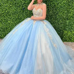 Princesa azul -céu Sweet 16 Quinceanera Vestidos fora do ombro Apliques de renda Tull Corset Vestido para debutante de 15 Anos