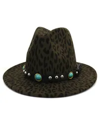 Unisex moda europejska wełna wełny fedora czapki z turkusowym skórzanym zespołem szerokim brzegi lamparta Jazz Felt Hat8782084
