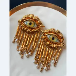 Gold Color Metal Eyes Tassel Big Stud Earrings Vintage for Women Jewelry Brass Europe And America Personalized Fashion 231227