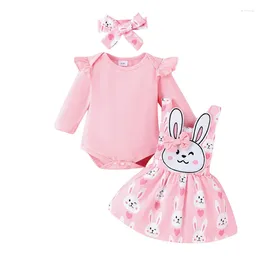 Clothing Sets Baby Girls Easter Outfit Long Sleeve Romper With Cartoon Overall Dress Headband