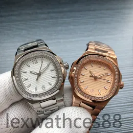 Erkekler Saat Tasarımcısı Pateks Yüksek Kaliteli Safir Cam Lens Butik Çelik Band Elmas Kadınlar Gül Gold Hediye İzle Elmas Lüks Saat