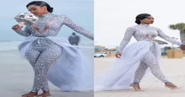 Luxuriöse Perlen-Jumpsuits, Brautkleider, 2019, neue Stehkragen, lange Ärmel, böhmische Strand-Brautkleider, Boho-Hochzeitskleid, Hosen 1009987