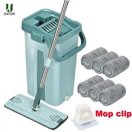 Platt Squeeze Mop med hink Handfri vridande golvrengöring Mikrofiberkuddar Våt eller torr användning på lövlaminat 231226