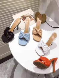 2021 Luxury Designer Weave Slides Women 9cm High Heels Mules Fetish Summer Sandals Lady Heels Slipper Blue Orange Stripper Shoes Y8520647