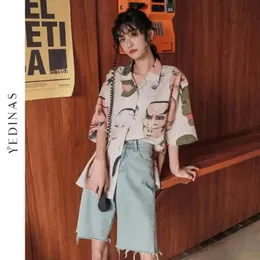 قمصان Yedinas اليابانية الشارع الشارع Ukiyoe طباعة بلوزة الصيف نساء تراكب زر أعلى قميص الأكمام قصيرة أعلى والملابس 210527