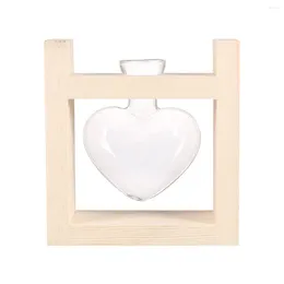 Jarrones Forma de corazón Florero de vidrio Plantador de terrario hidropónico con soporte de madera para interior Oficina en casa Escritorio de boda (