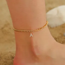 Klipp 925 Silver Zircon Letter Anklet Anpassad Initial Full Diamond Cuban Link Gold Plated Iced Out Women Foot Smycken Ankelarmband