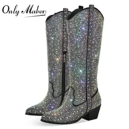 OnlyMaker Kadınlar Rhinestone Siyah Diz Yüksek Botlar Batı Kovboy Giden Açık Glitter Bling Parıltılı Parmak