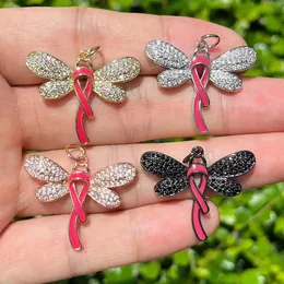 Bracelets 5pcs Micro Cubic Zircon Pave Dragoy Ribbon Breast Awareness Charms Pendants Jewelry Making Bracelet Necklace Accessories