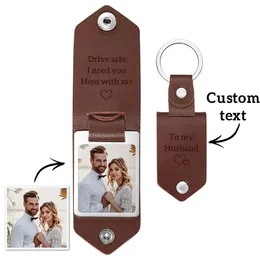 Customized P o Leather Keychain Stainless Steel Personalized UV Color Printing Picture Jewelry Fashion Father Gifts Engraving 231226