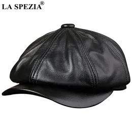 LA SPEZIA Sombreros sboy negros para hombres Gorra octogonal de piel de vaca genuina para hombre Otoño Invierno Boina de pico de pato vintage ajustada 231226