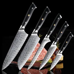 Knivar Damascus Steel Chef Knife Set Sharp Meat Cleaver Bening Santoku Utility Vegetabilisk knivhögskolan Utsökt Present Set Knife G10 Hand