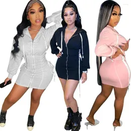 Casual Dresses Woman Long Sleeve Cotton Blend Hoodies Dress Solid Color Front Zipper Eyeles Bandage 3Color S-2XL