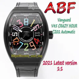 ABF New Crazy Hour Vanguard CZ02 Automatic Mechanical 3D Art Deco Arabic Dial V45 Mens Watch Pvd Black Steel Case Leatherity254T