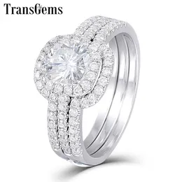 Transgems Solid 10K White Gold Engagement Bridal Set Center 1CT 6mm Square Cushion CURE Halo Moissanite Ring Set for Women Y200620289M