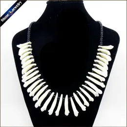 Real Wolf Tooth Fangs Canine Pendant Chain Black Glass Beaded Strand Choker Chunky Statement Bib Necklace Amulet Tribal Jewelry 20281E