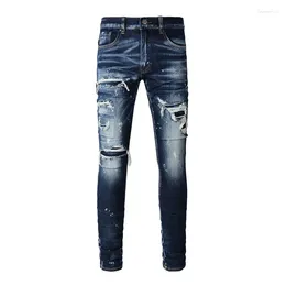 Men's Jeans Blue Distressed Streetwear Style Pants Bandana Ribs Patches Stretch Holes Slim Fit High Street Ripped
