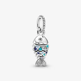 100% argento sterling 925 scintillante pesce in squame blu ciondola il fascino adatto al braccialetto europeo originale di ciondoli moda matrimonio Egagement J217M