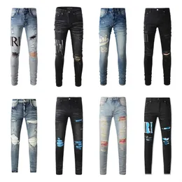 Luxurys designers jeans nödställda Frankrike mode pierre rak mäns cyklisthål stretch denim casual jean män mager byxor elasticitet byxor byxor 29-40