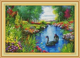 Tools The peaceful landscape Swan home decor painting ,Handmade Cross Stitch Embroidery Needlework sets counted print on canvas DMC 14CT