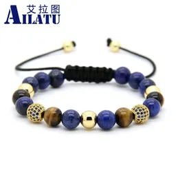 Bangle Ailatu Men's Jewelry Wholesale 10pcs/lot 8mm Lapis Stone Beads & 9mm Micro Paved Blue Cz Ball Macrame Braiding Bracelet