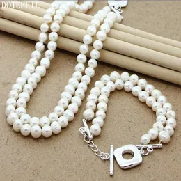 Armband Doteffil 8mm Natural Pearl Beaded Double Chain Sier Buckle Necklace Armband Set For Women Wedding Engagement Smycken