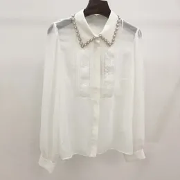 Women's Blouses Women Shirt 2023 Pearl Inlaid Rhinestone Semi-See-Through White