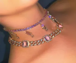 Halskette mit Anhänger aus Roségold, rosa, rechteckigem Stein, 12 mm, Iced Out, Miami, CZ, kubanische Gliederkette, Hip-Hop-Frauen, klobiges Halsband, Halskette 4202680